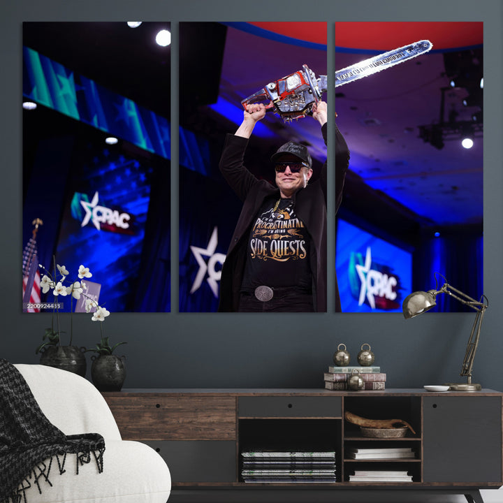 72973150-MGV-CV-36X24-Elon Musk Wall Art Print, Elon Musk Trump Support Canvas Wall Art, Framed Elon Musk Chainsaw Art Printing, Large Mask Saw Print for Modern