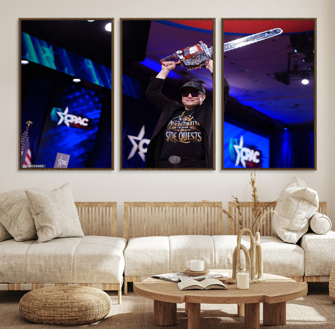 72973150-MGV-CV-36X24-Elon Musk Wall Art Print, Elon Musk Trump Support Canvas Wall Art, Framed Elon Musk Chainsaw Art Printing, Large Mask Saw Print for Modern