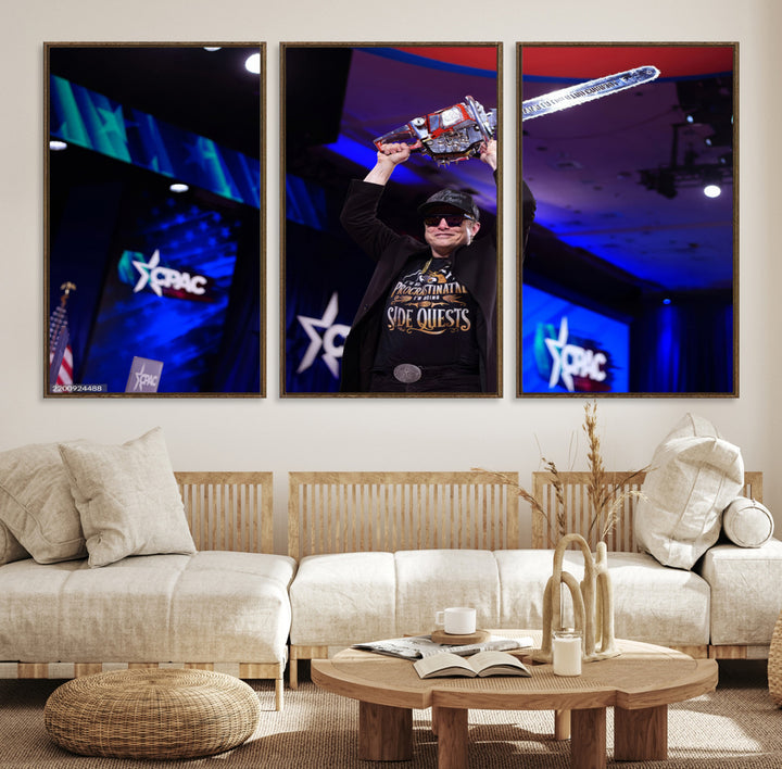 72973150-MGV-CV-36X24-Elon Musk Wall Art Print, Elon Musk Trump Support Canvas Wall Art, Framed Elon Musk Chainsaw Art Printing, Large Mask Saw Print for Modern