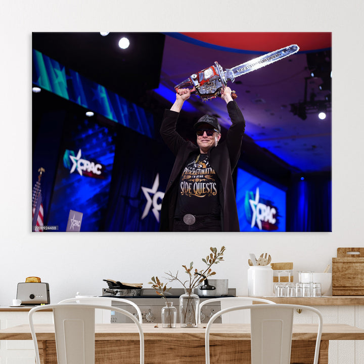 Elon Musk Wall Art Print, Elon Musk Trump Support Canvas Wall Art, Framed Elon Musk Chainsaw Art Printing, Large Mask Saw Print for Modern
