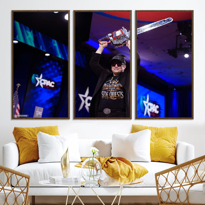 72973150-MGV-CV-36X24-Elon Musk Wall Art Print, Elon Musk Trump Support Canvas Wall Art, Framed Elon Musk Chainsaw Art Printing, Large Mask Saw Print for Modern