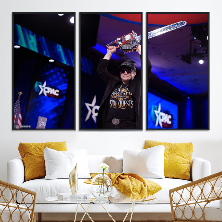 72973150-MGV-CV-36X24-Elon Musk Wall Art Print, Elon Musk Trump Support Canvas Wall Art, Framed Elon Musk Chainsaw Art Printing, Large Mask Saw Print for Modern
