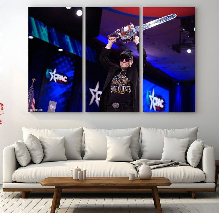 72973150-MGV-CV-48X32-3P-Elon Musk Wall Art Print, Elon Musk Trump Support Canvas Wall Art, Framed Elon Musk Chainsaw Art Printing, Large Mask Saw Print for Modern