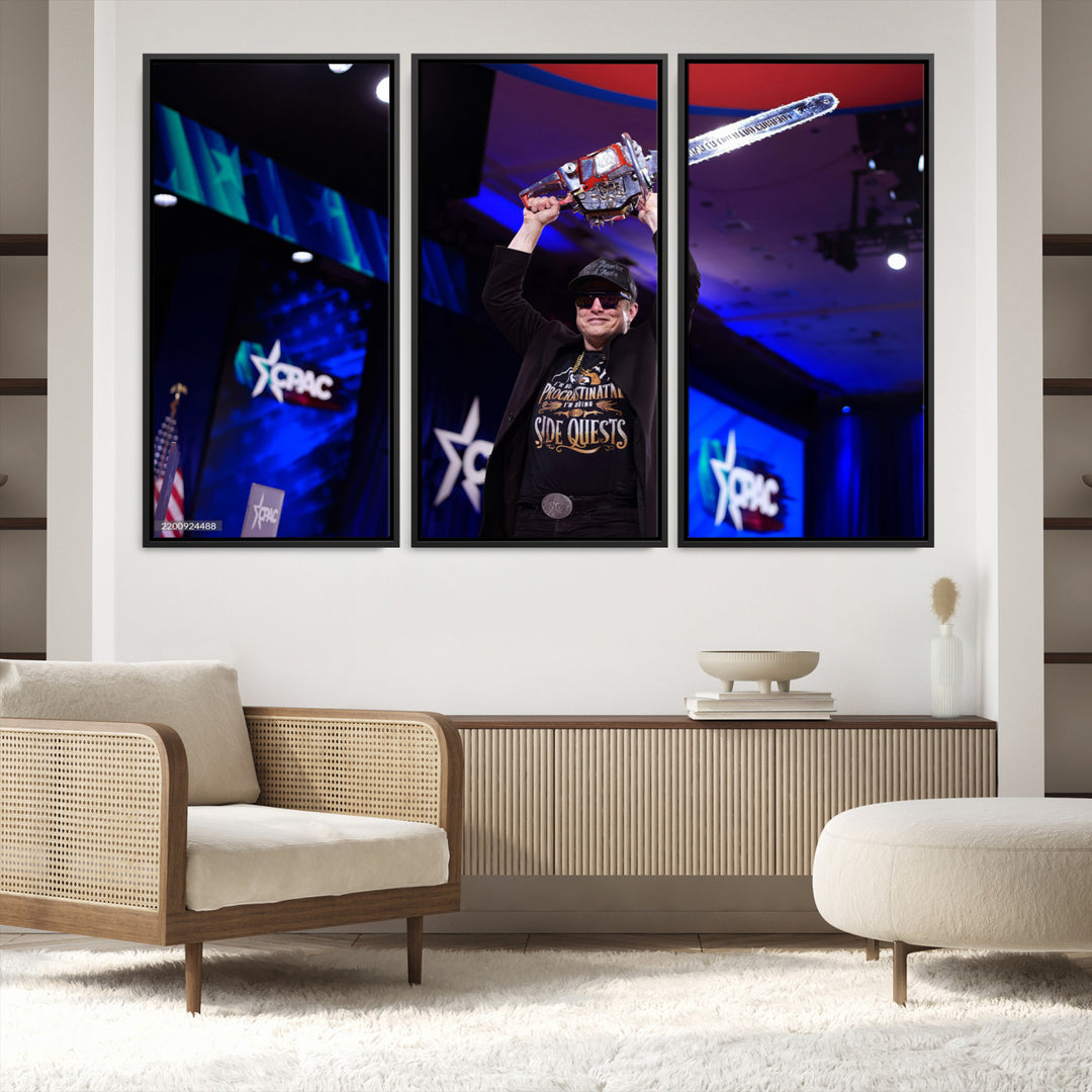 72973150-MGV-FC-48X32-3P_Black-Elon Musk Wall Art Print, Elon Musk Trump Support Canvas Wall Art, Framed Elon Musk Chainsaw Art Printing, Large Mask Saw Print for Modern