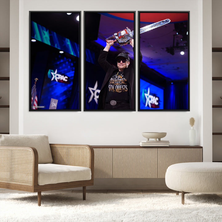 72973150-MGV-FC-48X32-3P_Black-Elon Musk Wall Art Print, Elon Musk Trump Support Canvas Wall Art, Framed Elon Musk Chainsaw Art Printing, Large Mask Saw Print for Modern