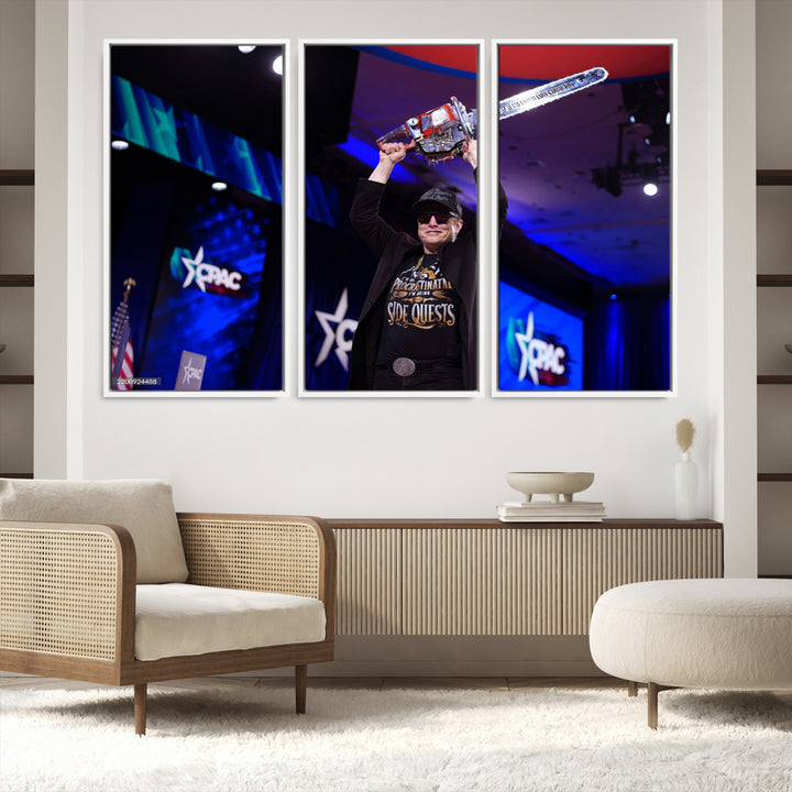 72973150-MGV-FC-48X32-3P_White-Elon Musk Wall Art Print, Elon Musk Trump Support Canvas Wall Art, Framed Elon Musk Chainsaw Art Printing, Large Mask Saw Print for Modern