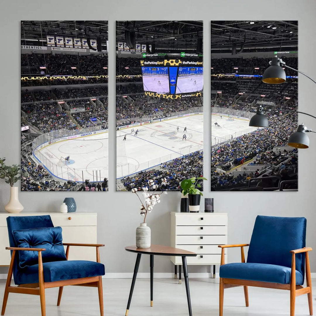 The Enterprise Center Missouri St. Louis Blues Hockey Stadium wall art canvas print, featuring a high-resolution depiction of a crowded ice hockey game, is prominently displayed.