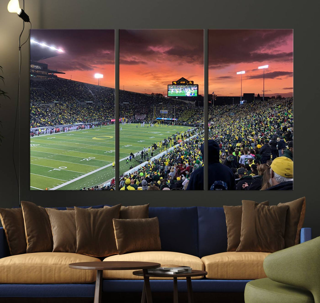 Eugene Autzen Stadium Canvas Wall Art Print – Sunset Over Iconic Football Field Wall Decor for Home or Office – Ready to Hang Stadium Print