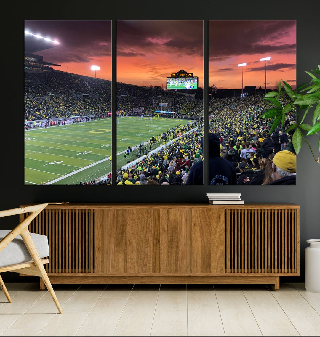 Eugene Autzen Stadium Canvas Wall Art Print – Sunset Over Iconic Football Field Wall Decor for Home or Office – Ready to Hang Stadium Print