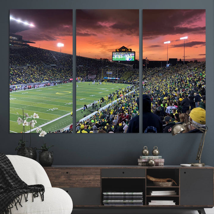 Eugene Autzen Stadium Canvas Wall Art Print – Sunset Over Iconic Football Field Wall Decor for Home or Office – Ready to Hang Stadium Print