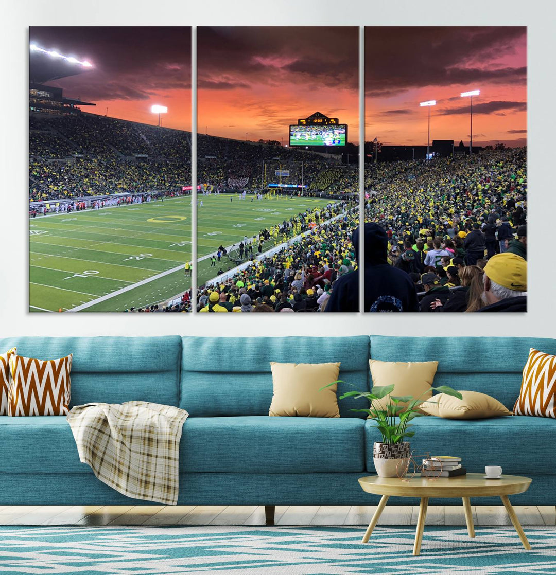 Eugene Autzen Stadium Canvas Wall Art Print – Sunset Over Iconic Football Field Wall Decor for Home or Office – Ready to Hang Stadium Print