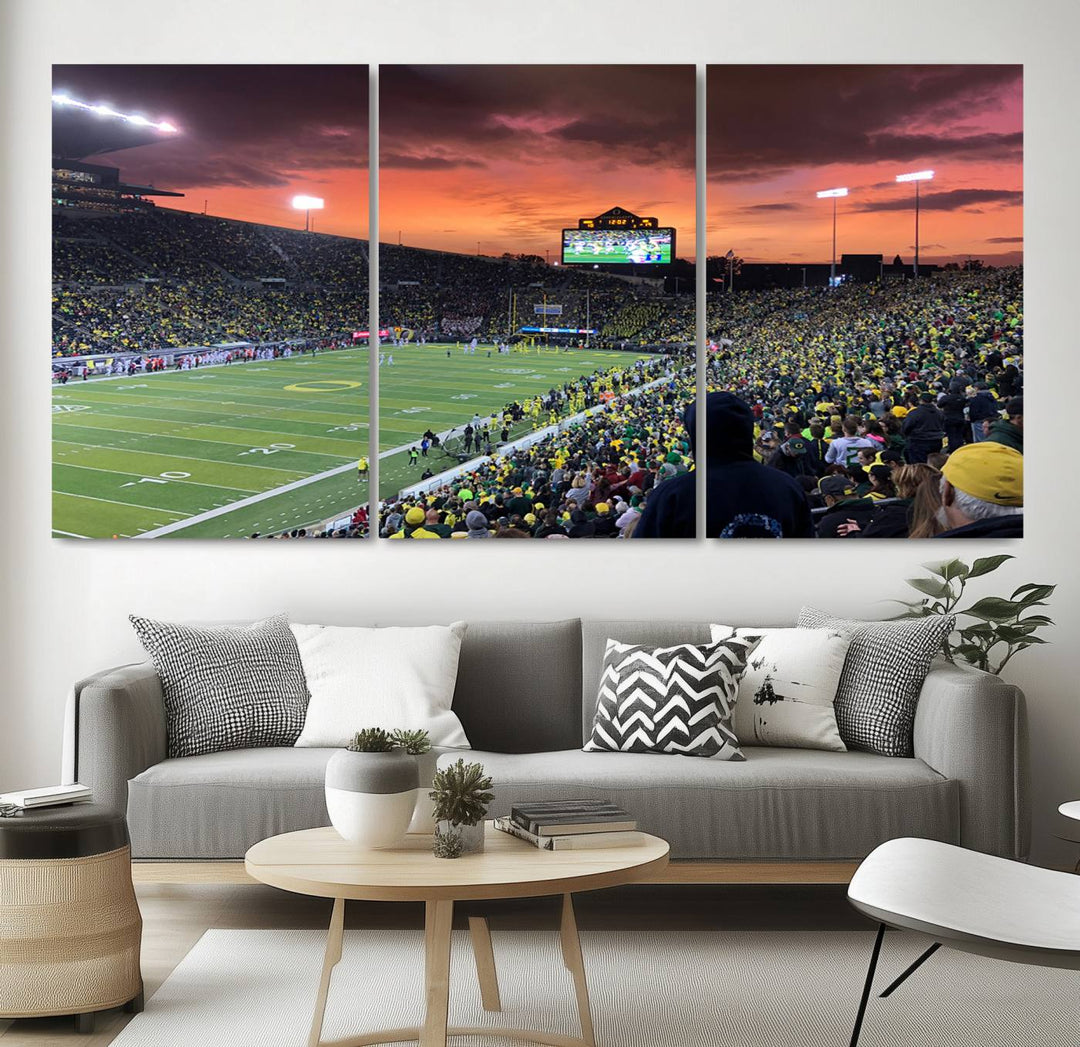 Eugene Autzen Stadium Canvas Wall Art Print – Sunset Over Iconic Football Field Wall Decor for Home or Office – Ready to Hang Stadium Print