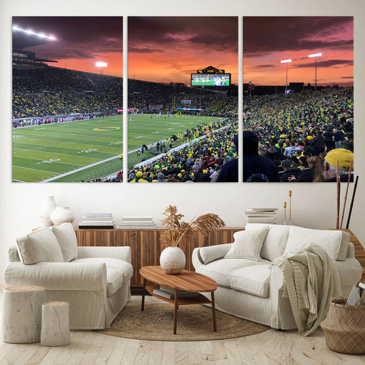Eugene Autzen Stadium Canvas Wall Art Print – Sunset Over Iconic Football Field Wall Decor for Home or Office – Ready to Hang Stadium Print
