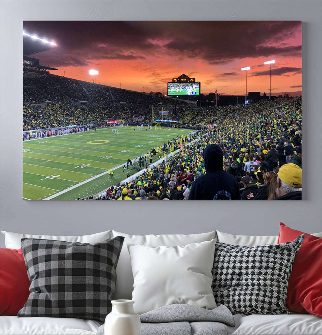 Eugene Autzen Stadium Canvas Wall Art Print – Sunset Over Iconic Football Field Wall Decor for Home or Office – Ready to Hang Stadium Print