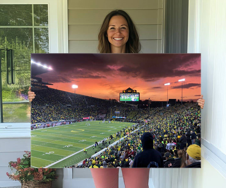 Eugene Autzen Stadium Canvas Wall Art Print – Sunset Over Iconic Football Field Wall Decor for Home or Office – Ready to Hang Stadium Print