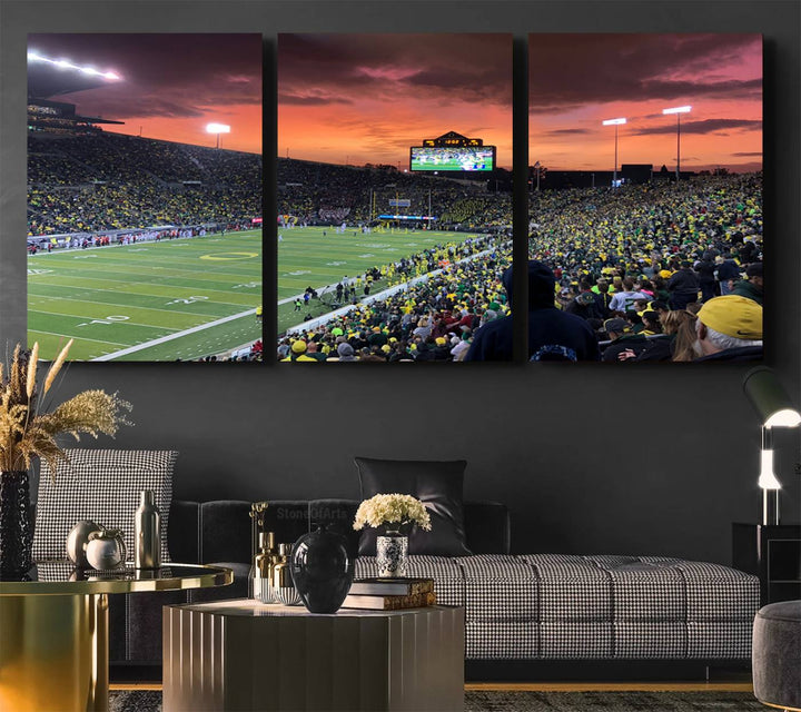 Eugene Autzen Stadium Canvas Wall Art Print – Sunset Over Iconic Football Field Wall Decor for Home or Office – Ready to Hang Stadium Print