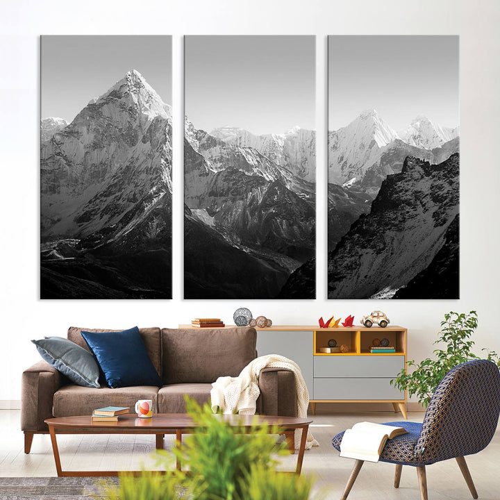 Everest Himalaya Mountain Peaks Black & White Triptych Canvas Art – Mountain Wall Decor, Everest Himalaya Mountain Canvas Print