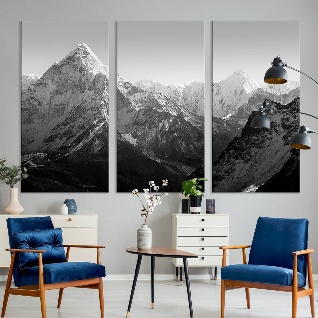 Everest Himalaya Mountain Peaks Black & White Triptych Canvas Art – Mountain Wall Decor, Everest Himalaya Mountain Canvas Print