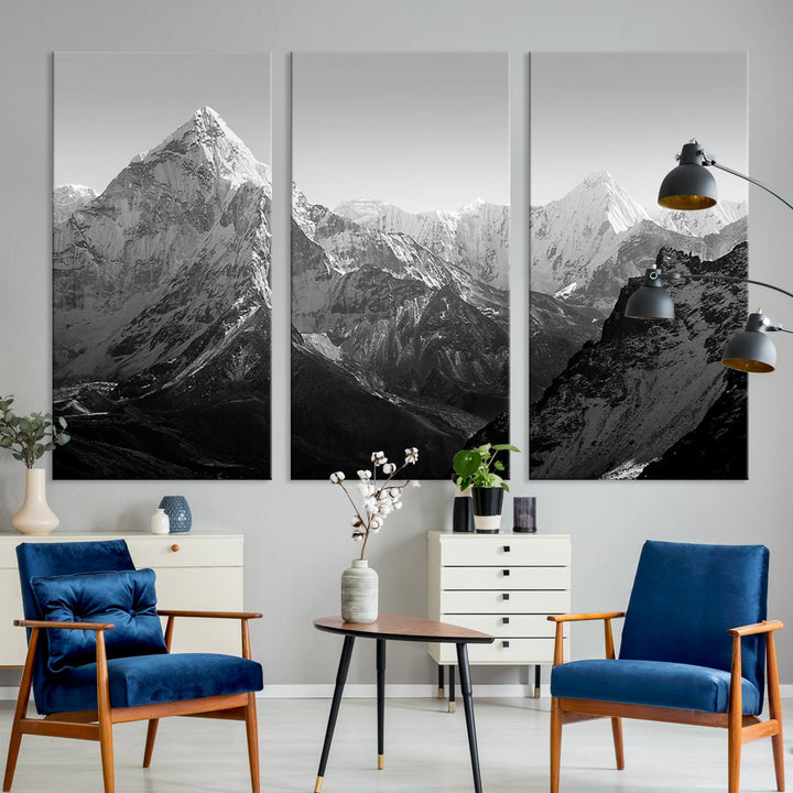Everest Himalaya Mountain Peaks Black & White Triptych Canvas Art – Mountain Wall Decor, Everest Himalaya Mountain Canvas Print