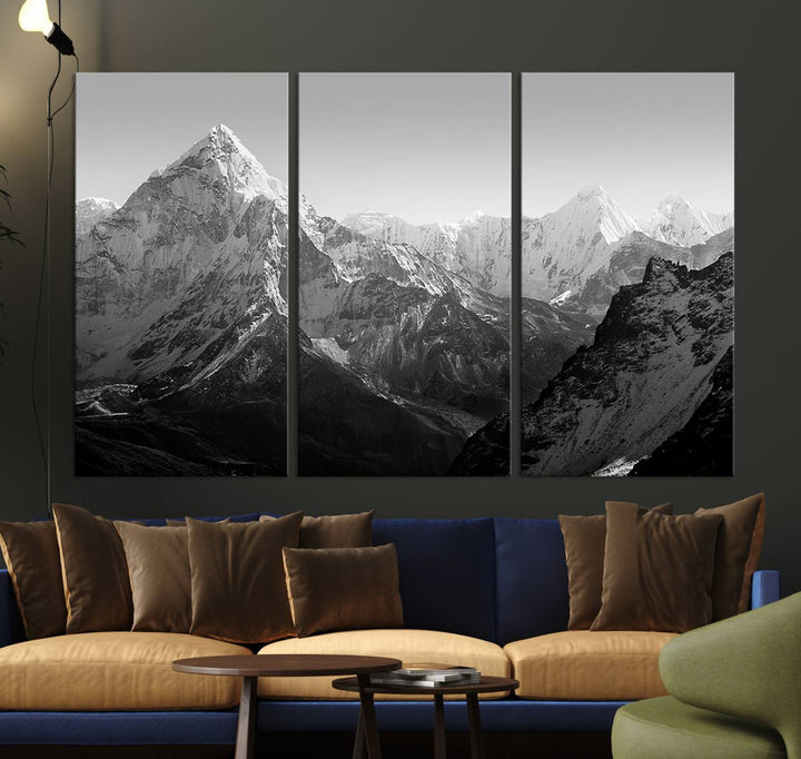 Everest Himalaya Mountain Peaks Black & White Triptych Canvas Art – Mountain Wall Decor, Everest Himalaya Mountain Canvas Print