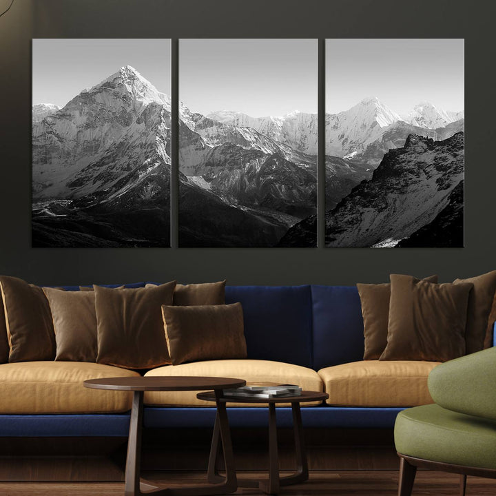 Everest Himalaya Mountain Peaks Black & White Triptych Canvas Art – Mountain Wall Decor, Everest Himalaya Mountain Canvas Print