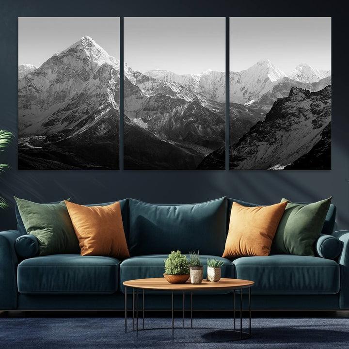 Everest Himalaya Mountain Peaks Black & White Triptych Canvas Art – Mountain Wall Decor, Everest Himalaya Mountain Canvas Print