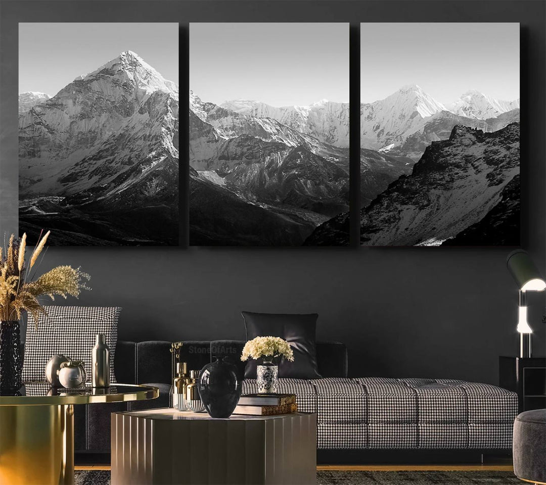 Everest Himalaya Mountain Peaks Black & White Triptych Canvas Art – Mountain Wall Decor, Everest Himalaya Mountain Canvas Print