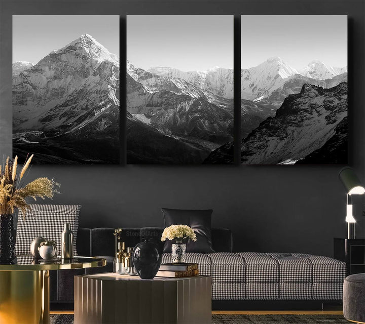 Everest Himalaya Mountain Peaks Black & White Triptych Canvas Art – Mountain Wall Decor, Everest Himalaya Mountain Canvas Print