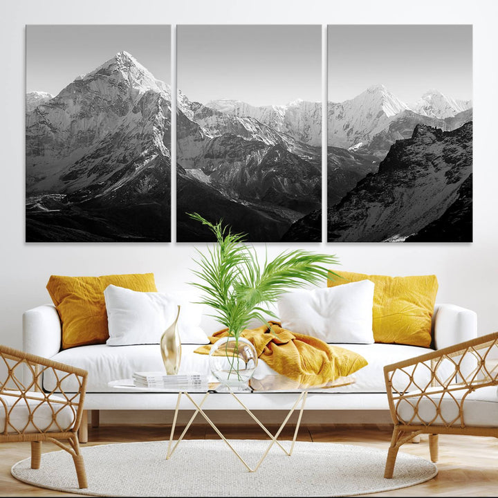 Everest Himalaya Mountain Peaks Black & White Triptych Canvas Art – Mountain Wall Decor, Everest Himalaya Mountain Canvas Print