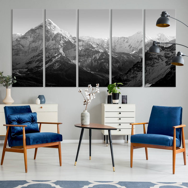 Everest Himalaya Mountain Peaks Black & White Triptych Canvas Art – Mountain Wall Decor, Everest Himalaya Mountain Canvas Print