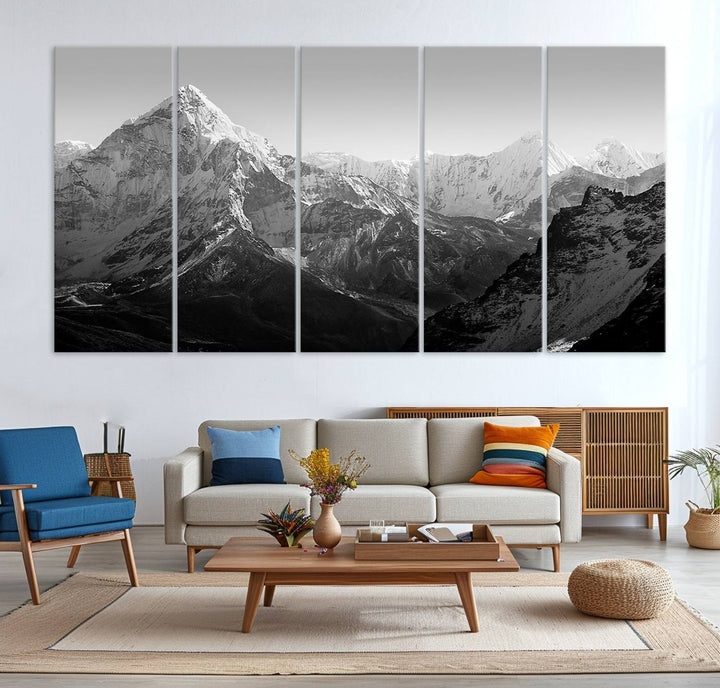 Everest Himalaya Mountain Peaks Black & White Triptych Canvas Art – Mountain Wall Decor, Everest Himalaya Mountain Canvas Print