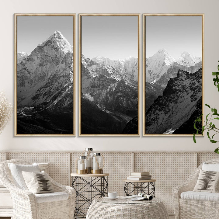 10775-MGV-CV-36X24-Everest Himalaya Mountain Peaks Black & White Triptych Canvas Art – Mountain Wall Decor, Everest Himalaya Mountain Canvas Print