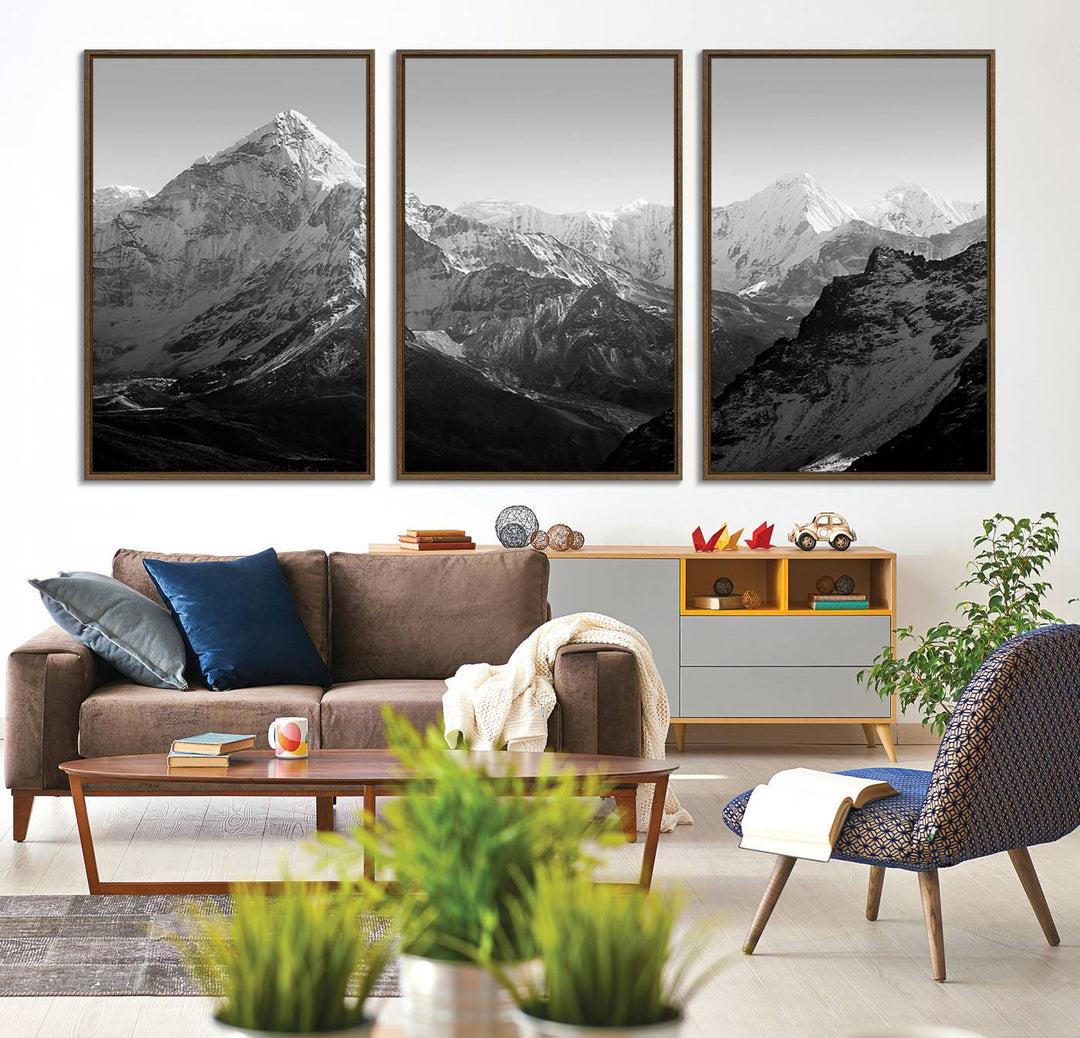 10775-MGV-CV-36X24-Everest Himalaya Mountain Peaks Black & White Triptych Canvas Art – Mountain Wall Decor, Everest Himalaya Mountain Canvas Print