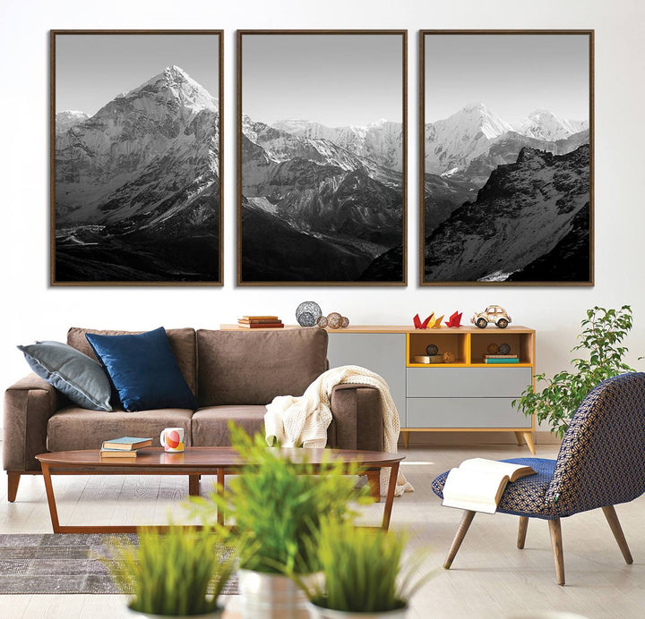 10775-MGV-CV-36X24-Everest Himalaya Mountain Peaks Black & White Triptych Canvas Art – Mountain Wall Decor, Everest Himalaya Mountain Canvas Print