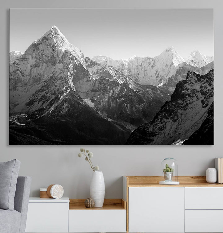 Everest Himalaya Mountain Peaks Black & White Triptych Canvas Art – Mountain Wall Decor, Everest Himalaya Mountain Canvas Print