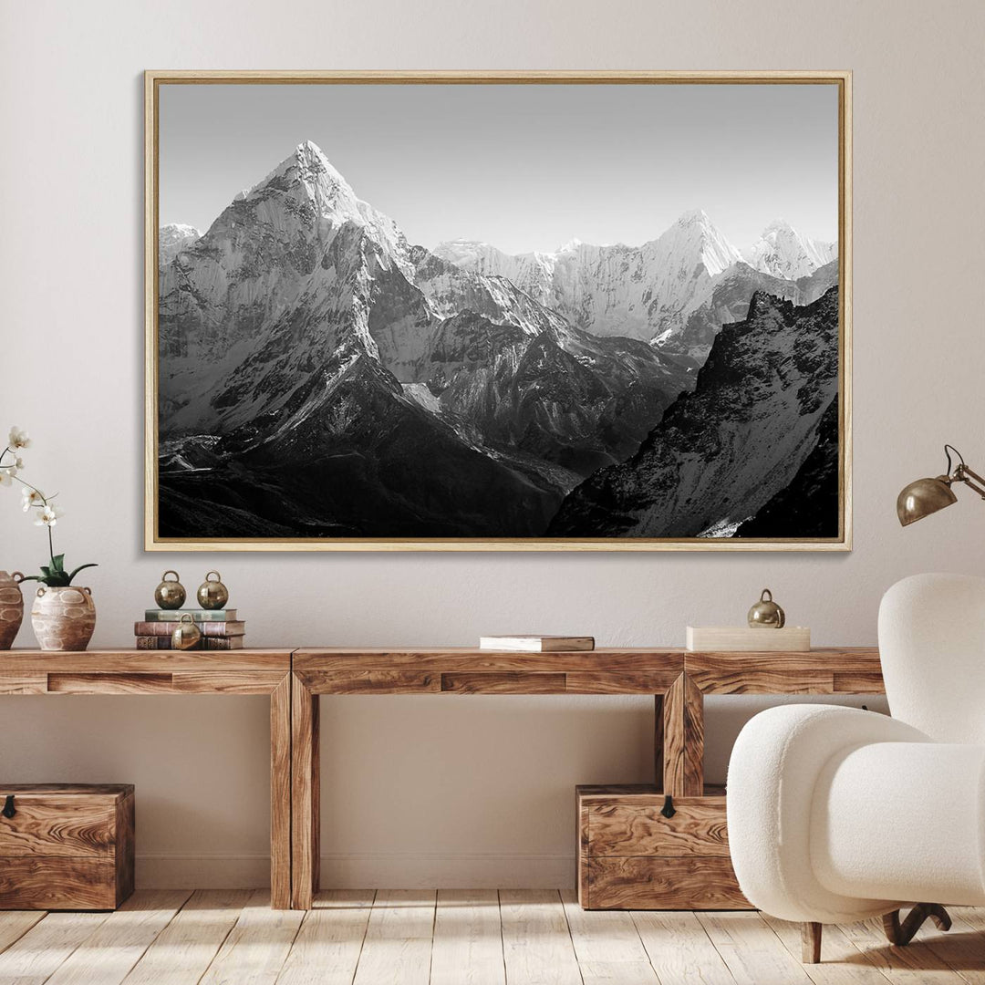 10775-MGV-FC-36X24_Natural-Everest Himalaya Mountain Peaks Black & White Triptych Canvas Art – Mountain Wall Decor, Everest Himalaya Mountain Canvas Print
