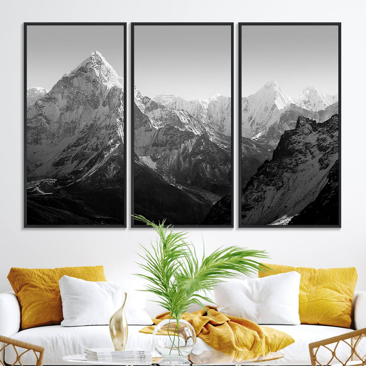 10775-MGV-FC-48X32-3P_Black-Everest Himalaya Mountain Peaks Black & White Triptych Canvas Art – Mountain Wall Decor, Everest Himalaya Mountain Canvas Print