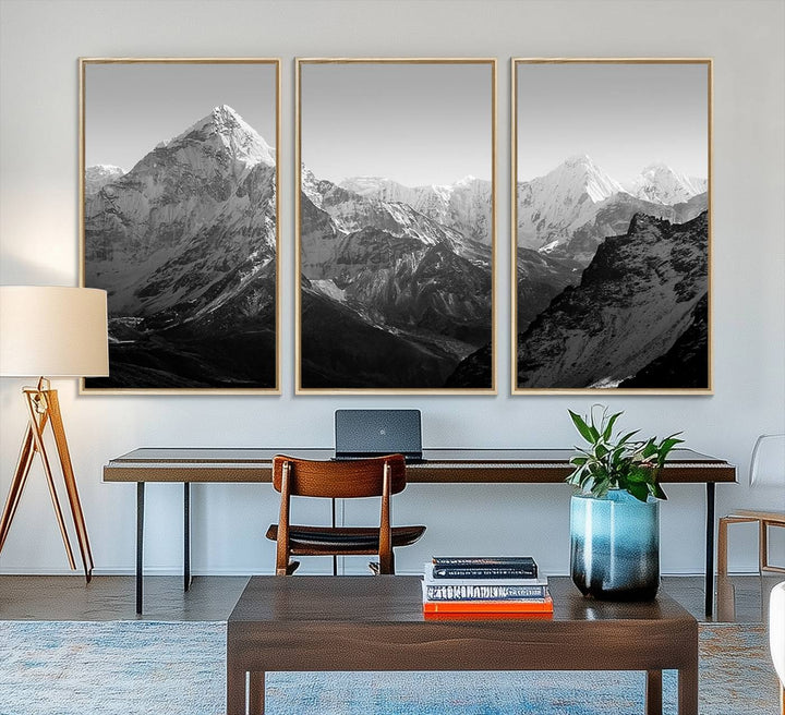 10775-MGV-FC-48X32-3P_Natural-Everest Himalaya Mountain Peaks Black & White Triptych Canvas Art – Mountain Wall Decor, Everest Himalaya Mountain Canvas Print