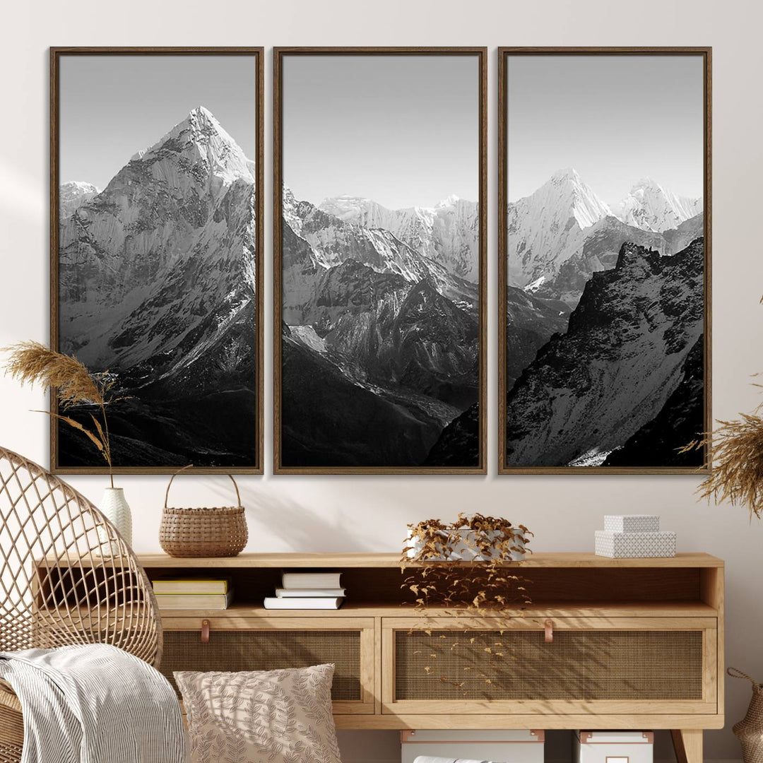 10775-MGV-FC-48X32-3P_Walnut-Everest Himalaya Mountain Peaks Black & White Triptych Canvas Art – Mountain Wall Decor, Everest Himalaya Mountain Canvas Print