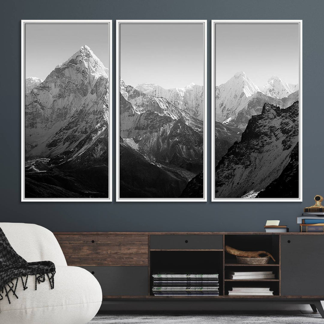 10775-MGV-FC-48X32-3P_White-Everest Himalaya Mountain Peaks Black & White Triptych Canvas Art – Mountain Wall Decor, Everest Himalaya Mountain Canvas Print