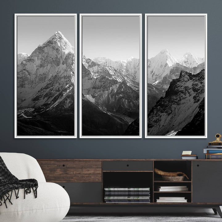 10775-MGV-FC-48X32-3P_White-Everest Himalaya Mountain Peaks Black & White Triptych Canvas Art – Mountain Wall Decor, Everest Himalaya Mountain Canvas Print