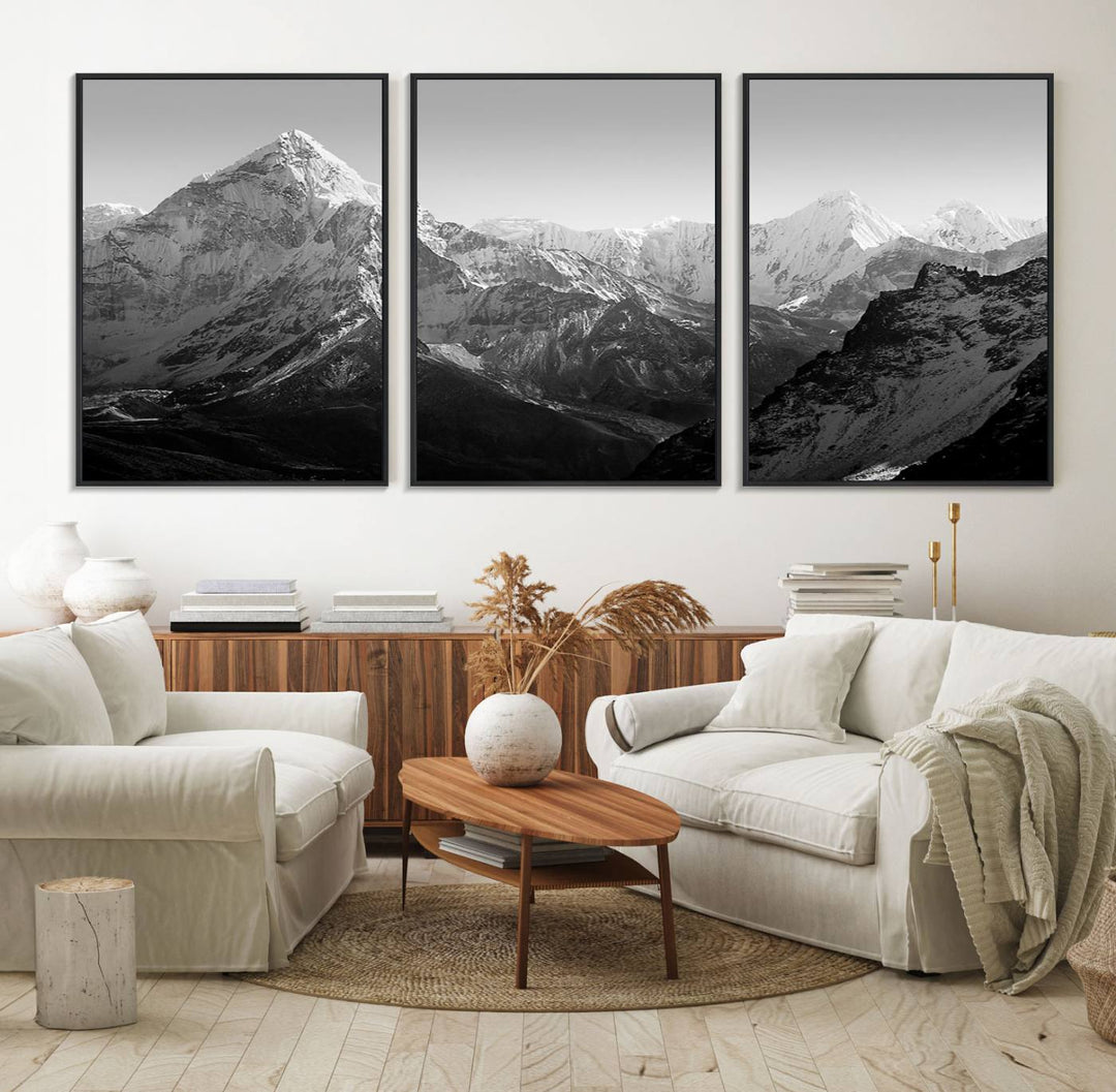 Everest Himalaya Mountain Peaks Black & White Triptych Canvas Art – Mountain Wall Decor, Everest Himalaya Mountain Canvas Print