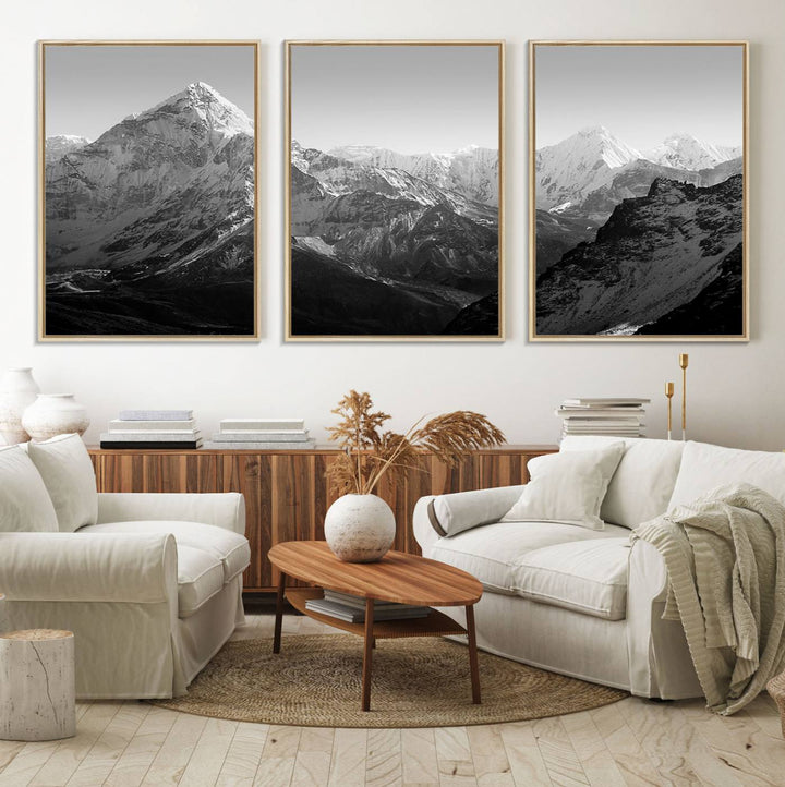 10775-MGV-FC-60X30-3P_Natural-Everest Himalaya Mountain Peaks Black & White Triptych Canvas Art – Mountain Wall Decor, Everest Himalaya Mountain Canvas Print
