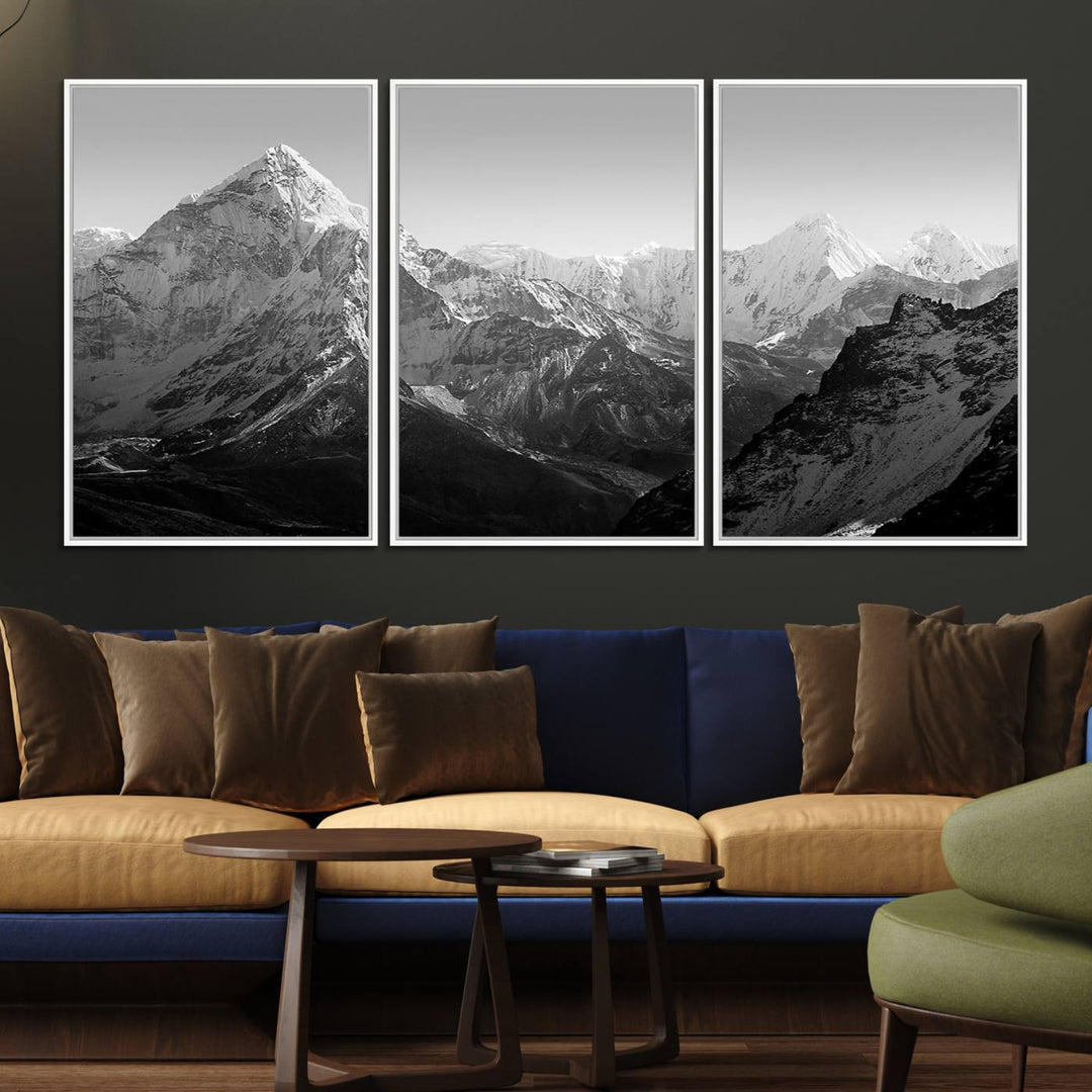 10775-MGV-FC-60X30-3P_White-Everest Himalaya Mountain Peaks Black & White Triptych Canvas Art – Mountain Wall Decor, Everest Himalaya Mountain Canvas Print