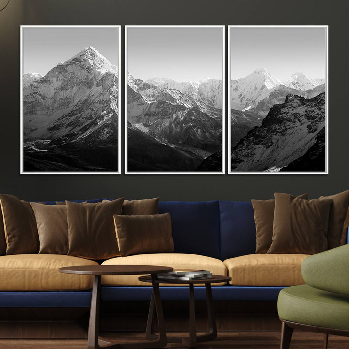 10775-MGV-FC-60X30-3P_White-Everest Himalaya Mountain Peaks Black & White Triptych Canvas Art – Mountain Wall Decor, Everest Himalaya Mountain Canvas Print