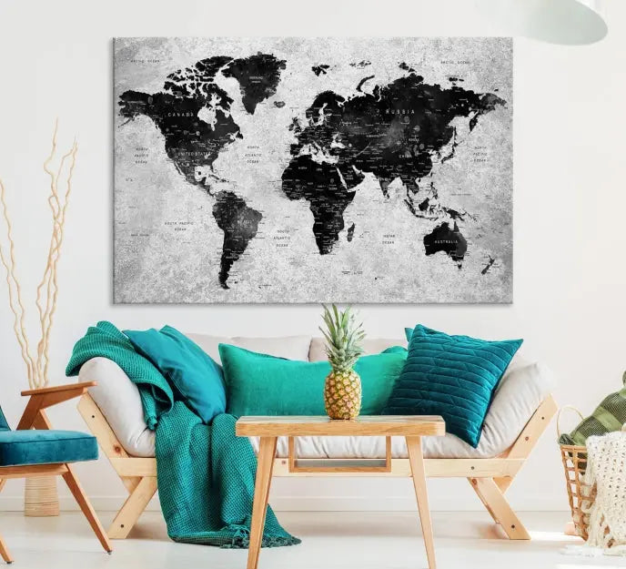 The Eye-Catching Black Push Pin World Map Wall Art Travel Map Canvas Print adorns the wall, bringing gallery-wrapped elegance to your living space.