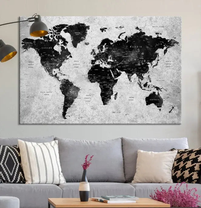 The Eye-Catching Black Push Pin World Map Wall Art Travel Map Canvas Print adorns the wall, bringing gallery-wrapped elegance to your living space.