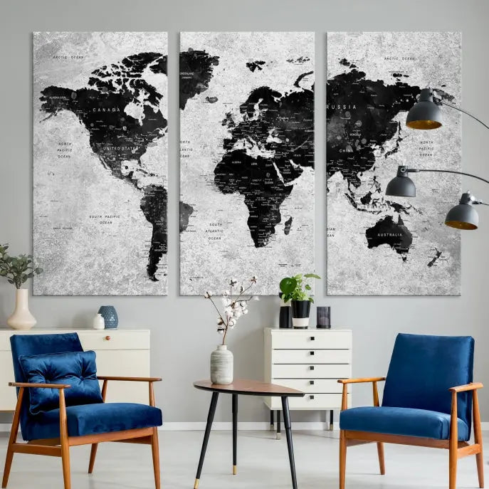 The Eye-Catching Black Push Pin World Map Wall Art Travel Map Canvas Print adorns the wall, bringing gallery-wrapped elegance to your living space.