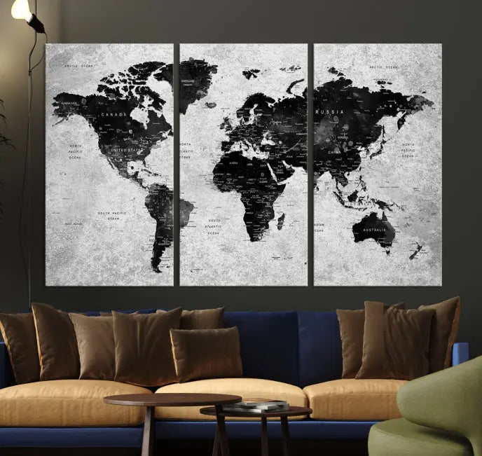 The Eye-Catching Black Push Pin World Map Wall Art Travel Map Canvas Print adorns the wall, bringing gallery-wrapped elegance to your living space.