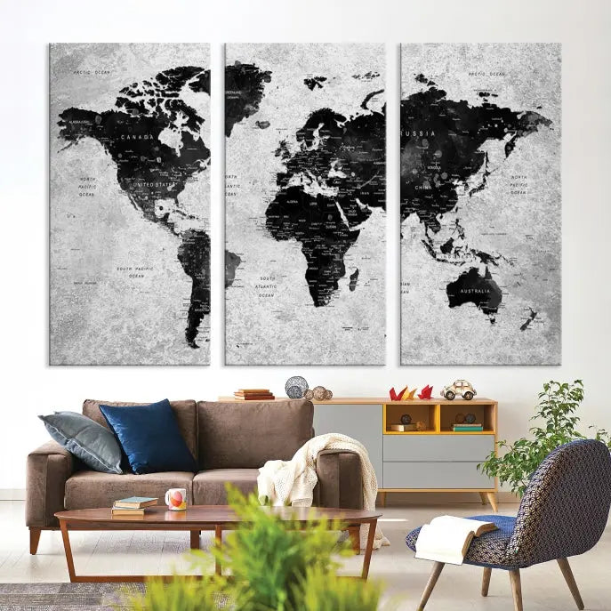 The Eye-Catching Black Push Pin World Map Wall Art Travel Map Canvas Print adorns the wall, bringing gallery-wrapped elegance to your living space.